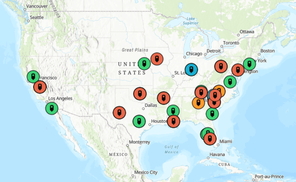 Screenshot of a road map of the United States scattered with green, red, orange and blue teardrop pins, mostly across the south and east coast, with Chicago, Dallas, Houston and Miami labelled.