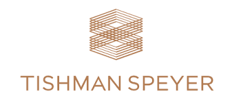 Copper-brown logo on white: a stacked, layered geometric emblem of overlapping line-drawn slabs above the words TISHMAN SPEYER in spaced capitals.