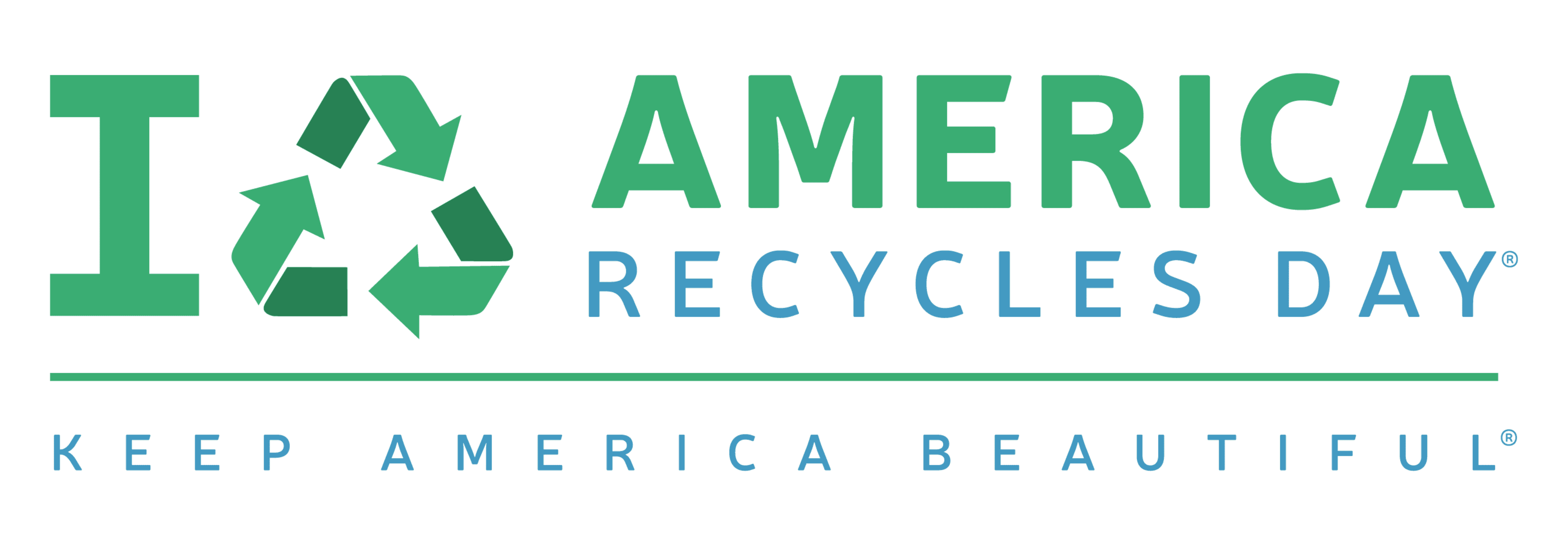 Wide logo on white: the letter I next to a green three-arrow recycling triangle, then AMERICA in green and RECYCLES DAY in blue, with KEEP AMERICA BEAUTIFUL under a green rule.