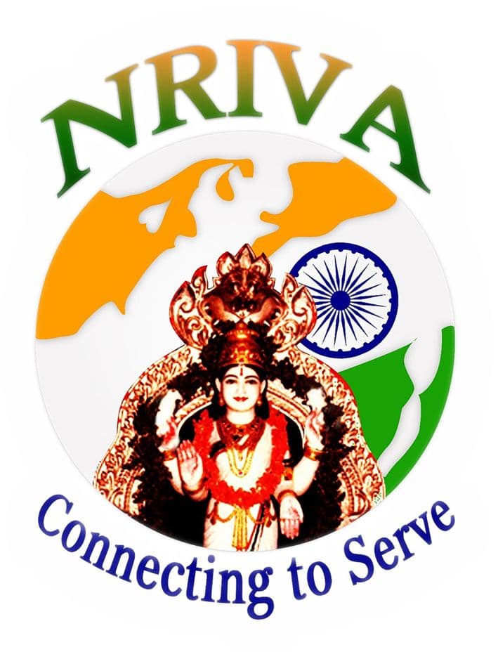 Circular logo: a globe split into orange, white and green with a blue spoked wheel, and a Hindu deity figure with multiple arms at the centre; NRIVA arches above in orange-to-green letters and Connecting to Serve curves below in blue script.