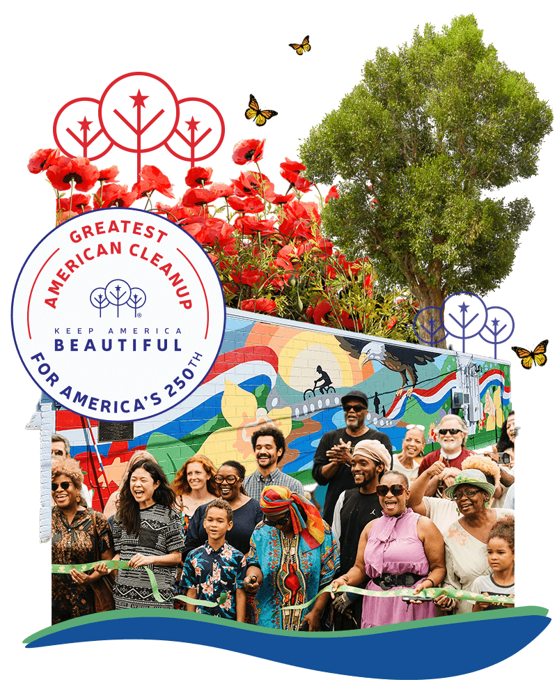 Neighbors of every age cut a green ribbon in front of a freshly painted community mural, framed by poppies and a mature tree, beneath the Greatest American Cleanup for America's 250th seal.