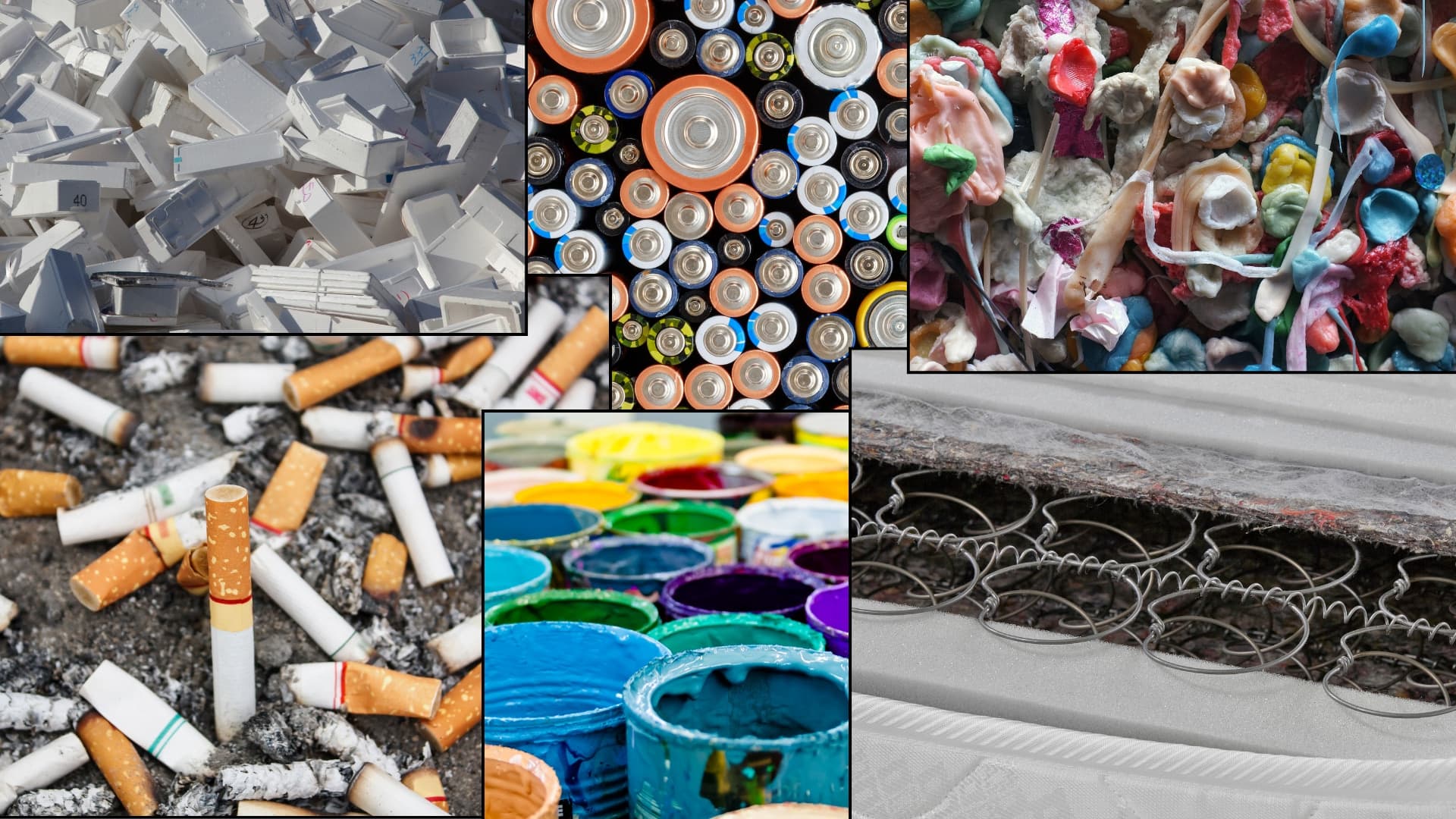 A spread of hard-to-recycle household items including batteries, light bulbs and electronics, laid out for sorting.