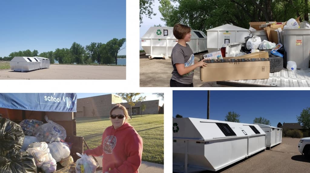 A rural recycling drop-off point with collection trailers parked on gravel, residents unloading sorted material.